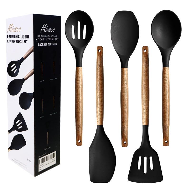 Miusco Kitchen Utensils Set  Silicone Cooking Utensils Set Non-Stick Silicone Spatula Set with Natural Acacia Hard Wood Handle  5 Piece  Upgraded Thickened Cookware - Image 1